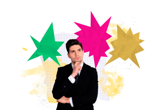Creative image collage young businessman guy think decide solve trouble dilemma formalwear boss employee office worker drawing background