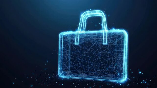 Futuristic Digital Suitcase Representation in Low Poly Design with Connecting Lines and Dots in a Dark Background