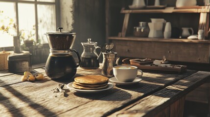 A lot of pancakes on plate near coffee maker. Morning breakfast at home in quarantine. Recipe of homemade delicious pancakes.