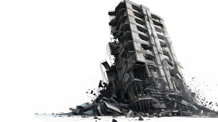 A large building is destroyed, with rubble and debris scattered everywhere. The scene is chaotic and violent, with the building collapsing and the ground shaking