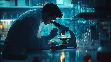 scientist wearing lab coat analyzing test samples using microscope in clean laboratory environment with advanced medical tools and data
