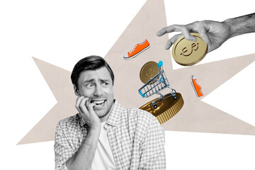Creative collage poster young frustrated man scared emotional reaction bite nails golden coins...