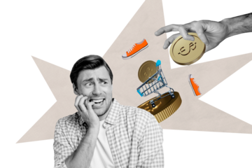 Creative collage poster young frustrated man scared emotional reaction bite nails golden coins human arm take dollar drawing background