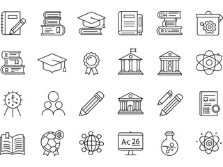 Educational Icon Collection: A comprehensive set of line art icons representing various aspects of education, from academic supplies and graduation symbols to scientific elements.