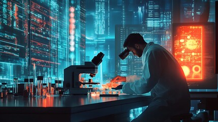 scientist wearing lab coat analyzing test samples using microscope in clean laboratory environment with advanced medical tools and data