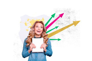 Creative picture image collage young cheerful woman arrows pointers direction charts positive...