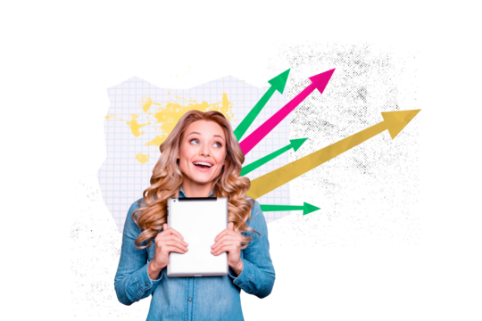 Creative picture image collage young cheerful woman arrows pointers direction charts positive dynamic progress drawing background