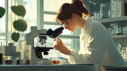 scientist wearing lab coat analyzing test samples using microscope in clean laboratory environment with advanced medical tools and data