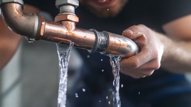 Plumber repairing a burst water pipe in a basement. Featuring plumbing and emergency repairs