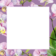 white frame on watercolor pink and purple orchid flowers background, buds and green leaves, hand drawn tropical plant, floral sketch of blossom flowers, botanical illustration for wedding decoration