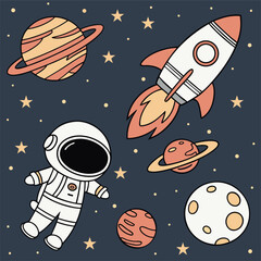 Seamless Space Pattern with Rockets, Planets, and Astronauts – Cute Cartoon Galaxy Design