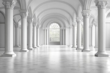 Fototapeta premium Grand hall with marble floor, columns, archways, & bright window view