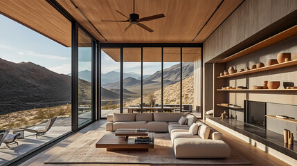 Naklejka premium Modern desert loft living room with industrial-style ceiling fans, open shelving, and a mix of clay and metal decor