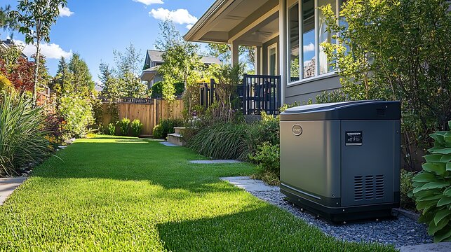 residential standby generator in a backyard setting with air cooled natural gas or liquid propane technology for reliable home backup power and emergency energy