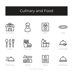 Culinary and food line icon set vector simple, black and white vector icon bundle