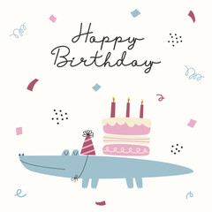 Greeting card with cute crocodile in festive hat, birthday cake and colorful festive confetti. Happy Birthday card or poster concept.