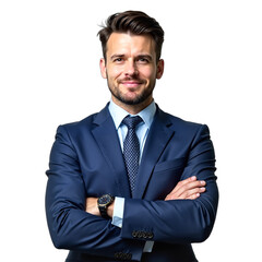 Confident young professional. Mid-thirties man in blue suit, patterned tie, slight smirk. Headshot suitable for corporate, finance, legal, or LinkedIn profiles. Isolated on transparent background.