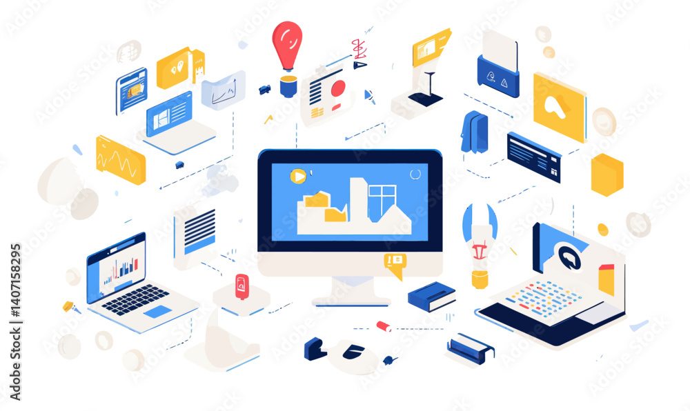 Poster vector illustration of ai content creation tools and digital workspace concept