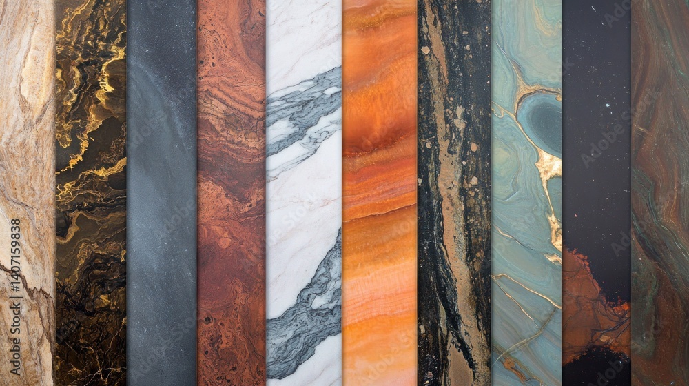 Poster a captivating display showcasing an array of stone and marble textures in a vertical arrangement hig