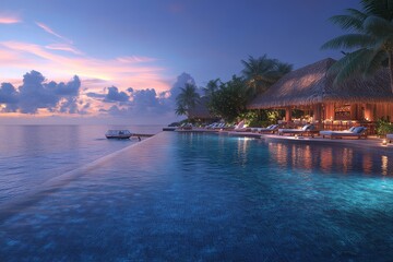 Fototapeta premium Stunning view of the pool at an exclusive Maldives resort with clear blue waters, palm trees, beach huts, loungers, and a small bar area, capturing a tropical paradise ambiance.