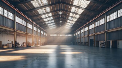 Obraz premium modern warehouse building interior with high ceilings abundant light and spacious layout creating an ideal industrial environment for logistics storage and wholesale operations