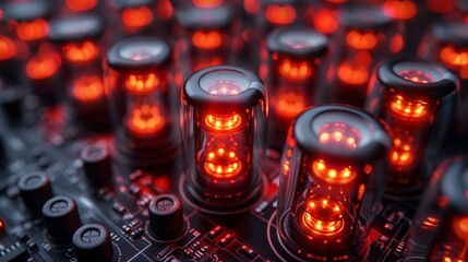 Red LED Lights Illuminating a Circuit Board in a Technological Setup