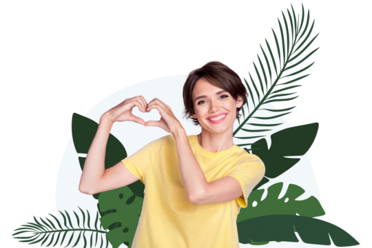 Composite photo collage of smile pretty girl tourist show heart sign eco friendly conservation plant leaves isolated on painted background