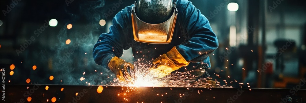 Poster Welder creating intense sparks in dark workshop with dramatic lighting during an active work session