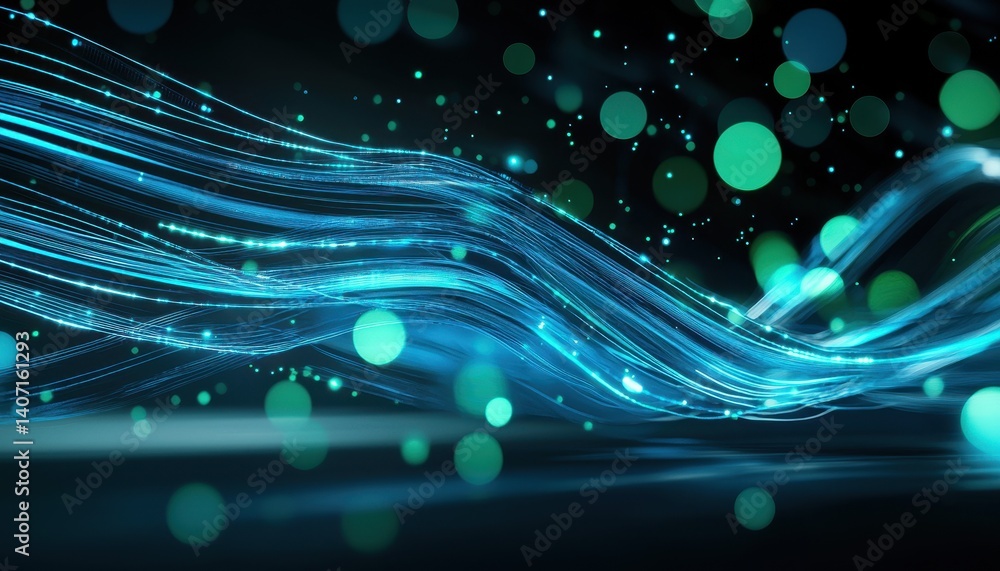 Poster abstract teal waves with glowing particles creating a dynamic visual effect.