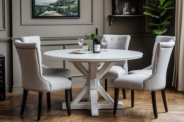 
White dining table with four elegant chairs featuring silver cross-shaped backrests, cushioned light gray seats, glass wine cooler, and modern home decor.