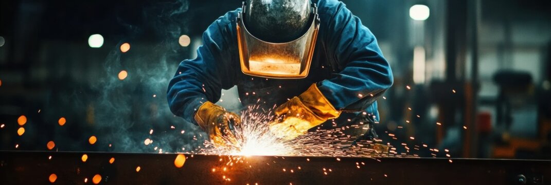Welder creating intense sparks in dark workshop with dramatic lighting during an active work session
