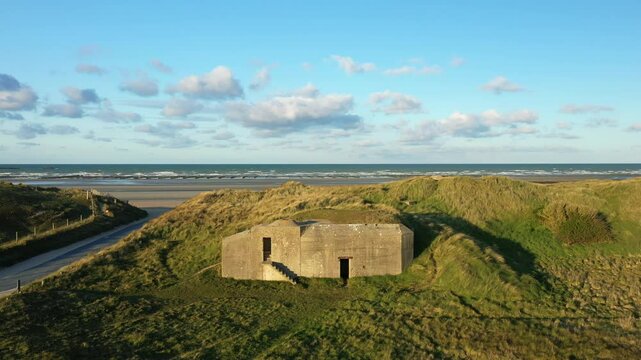 A war shelter on historic Utah Beach in Europe, France, Normandy, near Carentan, in spring on a sunny day.&nbsp;