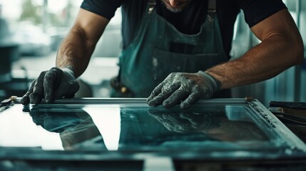 Window installer setting glass panes in a frame. Featuring glass installation and frame setting
