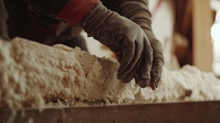 Construction worker placing insulation in the wall. Featuring insulation installation and construction work
