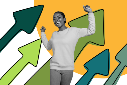 Composite photo collage of happy pretty american girl win success arrow up progress statistics achievement isolated on painted background