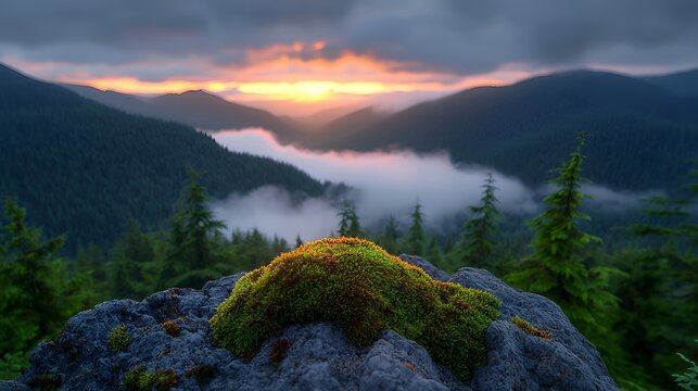 Misty mountain sunset with mossy rock