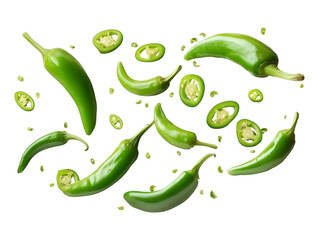 Flying falling green chili peppers isolated on transparent or white background, png
