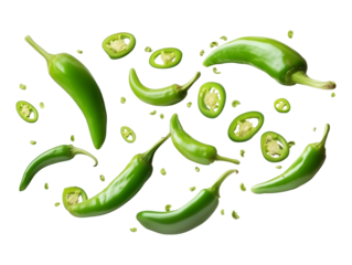 Flying falling green chili peppers isolated on transparent or white background, png