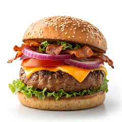 Isolated Gourmet Cheeseburger with Bacon, Cheddar, Lettuce, Tomato, and Red Onion on White Background