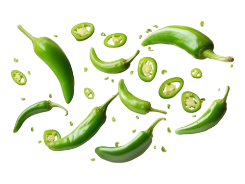 Flying falling green chili peppers isolated on transparent or white background, png