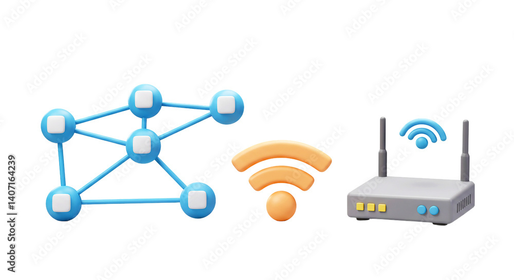 Poster a cartoon illustration of a network node connection wifi signal and a router on a black background
