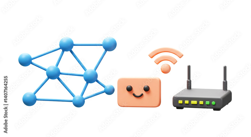 Poster a digital illustration showing a network connection a router and a smiling server on a black backgro