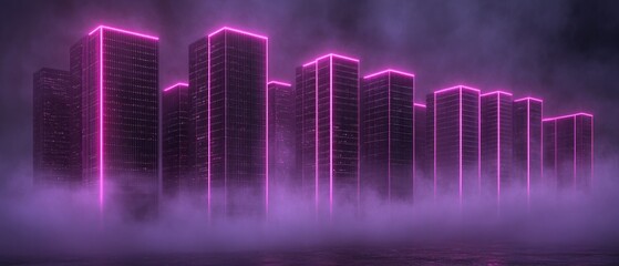 Naklejka premium Neon-lit city skyline shrouded in mist