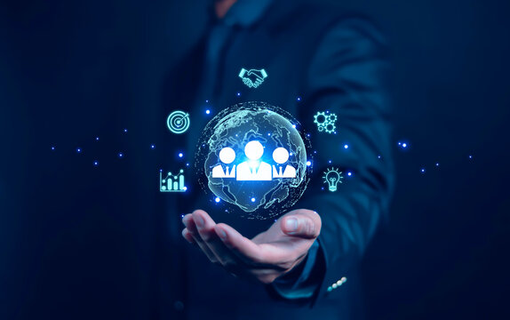 Businessman using people icon concept of development, data exchange, customer service, training, leadership, resources, policy, suggestions, professional team, recruitment, digital technology - Powered by Adobe