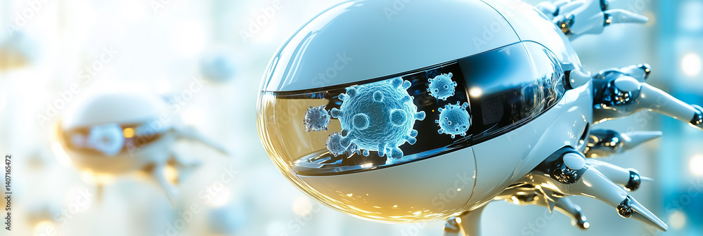 Poster robotic assistant examines virus particles in futuristic laboratory. bright setting with sleek surfa