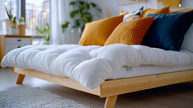 Modern futon bed with cozy pillows