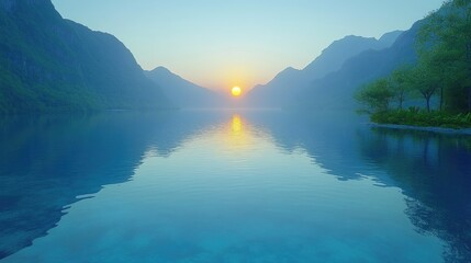 Calm water reflecting a sunset between mountains, framed by trees. Peaceful, serene scene