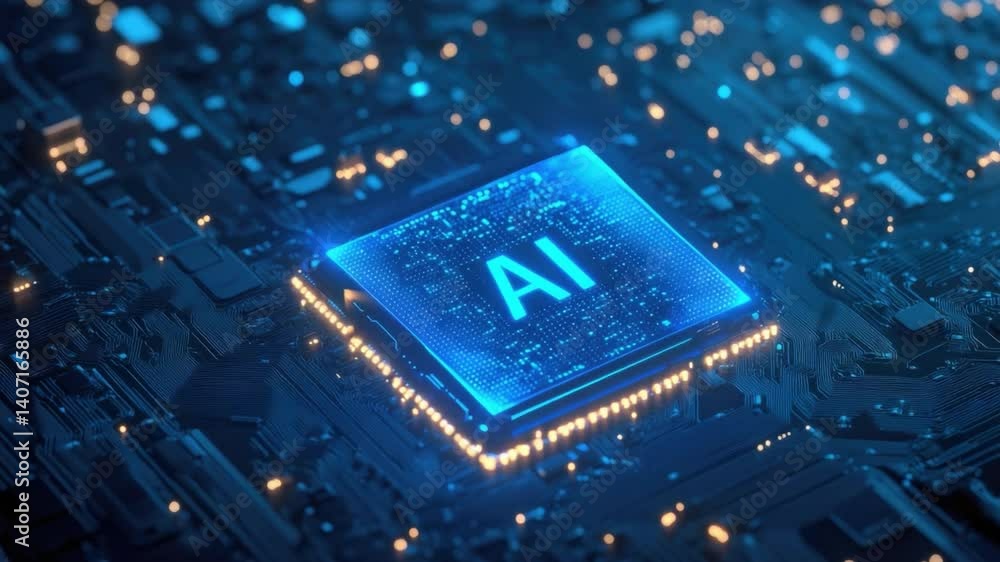Poster futuristic microchip with ai technology illuminated on a dark circuit board background