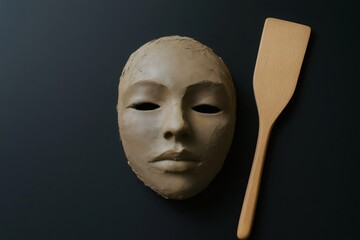 Clay mask and wooden spatula are placed on a black surface, possibly during a pottery or sculpting class
