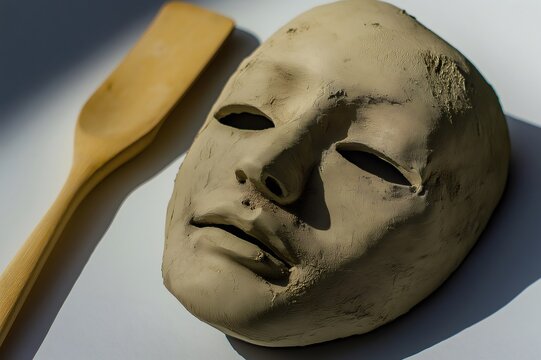 Modeling clay face mask with wooden spatula laying on white surface, illuminated by natural light
